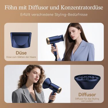 Іонізатор для волосся Föhn, 1800W, з насадкою-дифузором, 3 режими температури, безліч налаштувань швидкості, портативний фен, Marineblau (морський блакитний)