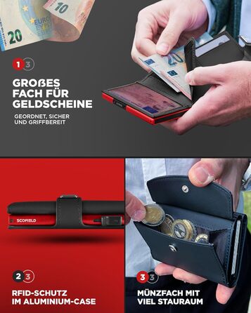 Чоловічий гаманець SF SCOFIELD з відділом для монет | Тонкий гаманець на 9-11 карт | RFID захист | Гаманець для чоловіків | Smart гаманець | Чоловіче портмоне | Чорний - Вогняно-червоний | Мюнцфах Max