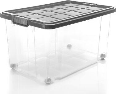 BigDean 4-Piece 60L Storage Box with Lid, Large Steel Grey - Stackable, Robust Box, BPA-Free - Rollable Storage Box with Secure Click Closures - Made in Germany