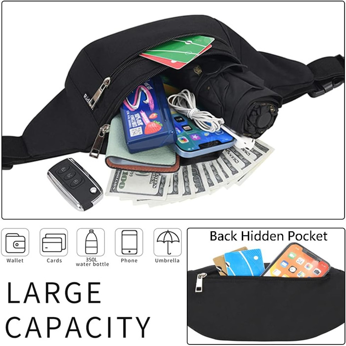 Чоловіча та жіноча поясна сумка на пояс, водонепроникна, для спорту, подорожей, кемпінгу, бігу, велосипеда (чорна)