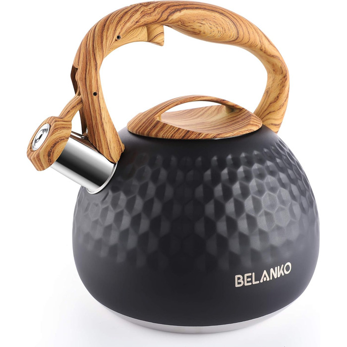 Чайник BELANKO Teekessel 2.7л з свистком, з дерев'яною ручкою, з нержавіючої сталі, чорний матовий, для плити, індукції, діамантовим дизайном