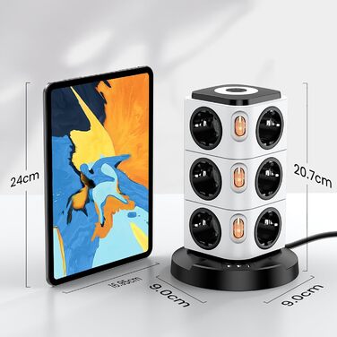 Багаторозетка Acodot Tower з USB, 12 розеток, захист від перенапруги, 4 вимикачі, нічник, 3 USB порти, кабель 3м, 2500W, для офісу, білий