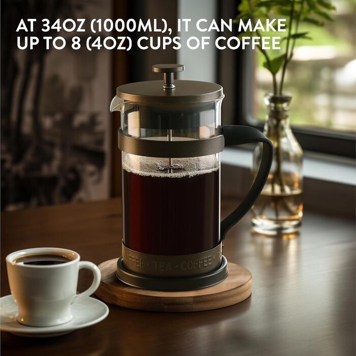 Френч-прес Navaris 1000 мл: кавоварка зі сталевим фільтром, для кави та чаю, коричнева
