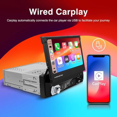 EZoneTronics 7-дюймове 1DIN автомагнітола з CarPlay/Android Auto, сенсорний екран, Bluetooth, підтримка SWC, Mirror Link, еквалайзер, FM/RDS, USB Type-C, AUX, TF-карта, камера заднього виду CW0013