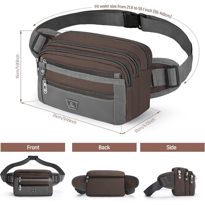 Поясна сумка на пояс для чоловіків та жінок з 7 кишенями на блискавці. Ідеальна для спорту, фітнесу, бігу, велоспорту, подорожей та кемпінгу. Колір: кавовий