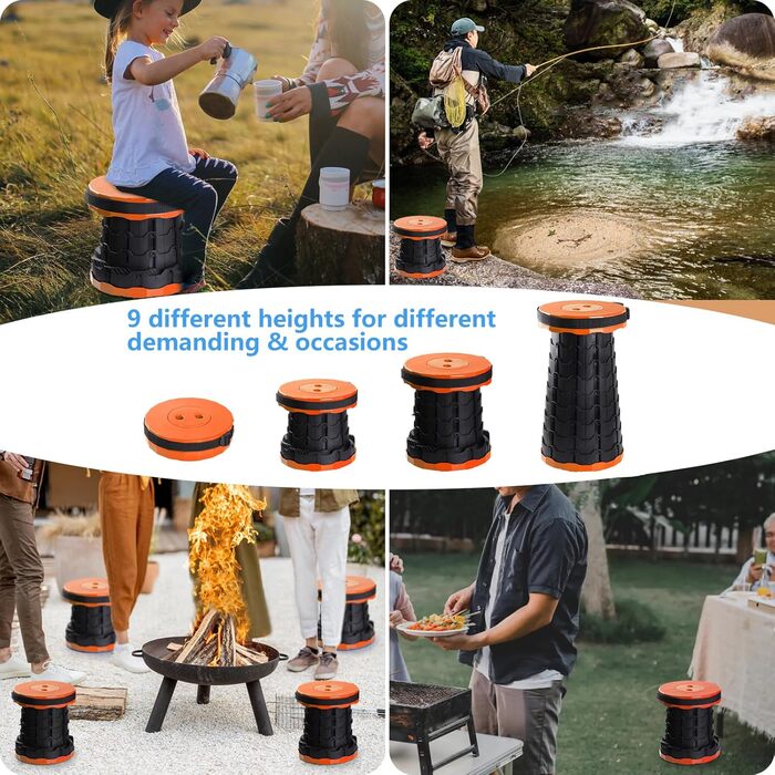 Зручний складаний стільчик GeeRic: телескопічний, регульований по висоті, для кемпінгу, риболовлі, дітей. Зелений (оранжевий колір)