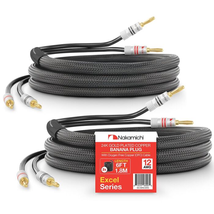 Акустичний кабель Nakamichi з 24K золоченими банановими роз'ємами, 12AWG, 99,9% безкиснева мідь (OFC), в оплетці, CL2, 3.0м, чорний (2 шт)