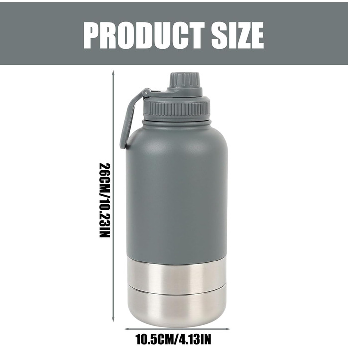 Портативна собача пляшка для води з мискою 950 мл – ізольована сталева фляга для собак, BPA-free для подорожей та прогулянок (Сірий, L)