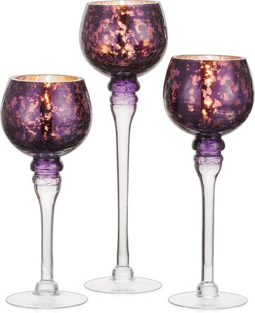 Glass Tealight Holder Set - 3 Pieces Mercury Glass Candle Holders for Table Decoration. Tealight Glasses for Pillar and Floating Candles, Christmas, Living Room Decor (Purple)