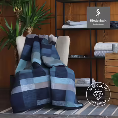 biederlack® Fluffy Throw Blanket made of cotton blend | Made in Germany | Öko-Tex certified | sustainably produced | Living blanket Color Squares Dark Blue in dark blue-grey | Sofa blanket in 150x200 cm