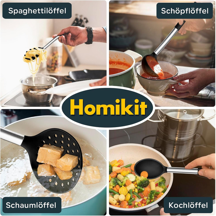 Набір кухонного приладдя Homikit 10 шт. силіконовий з нержавіючою сталлю, чорний, антипригарний, жаростійкий, для посуду, безпечний, можна мити в посудомийній машині