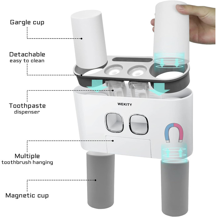 Тримач для зубних щіток WEKITY з дозатором пасти, настінний, сірий, для дітей та дорослих. Набір: 2 дозатори, 5 слотів для щіток, 4 чашки