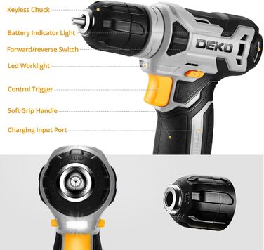 Акумуляторний шуруповерт-дрель DEKOPRO 8V 42шт з аксесуарами: ударний, LED-підсвітка, 12Nm, регулювання швидкості, для ремонту будинку (сірий)