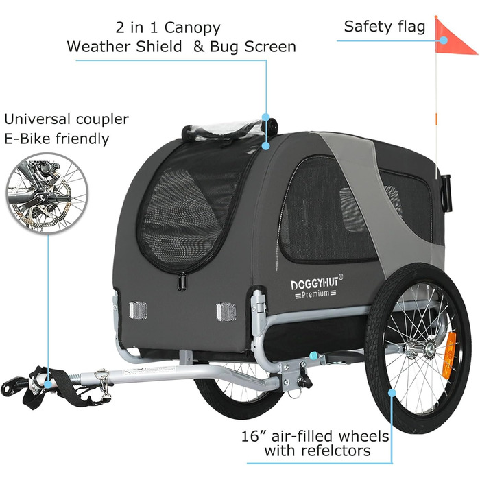 DOGGYHUT® Преміум візок для собак 2-в-1: візок-бугель для собак до 23 кг (Сірий)