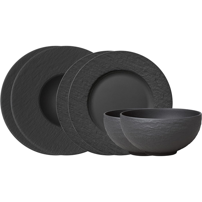 Villeroy & Boch – Manufacture Rock Starter Set, 6-Piece, Black, Dishwasher Safe, Microwave Safe, Matte Black Dinnerware Set, Tableware Service, Dining Dishware, Premium Porcelain Starter Set | 6-Piece Black