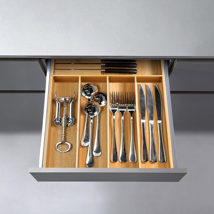 VaeFae Bamboo Cutlery Organizer, Utensil Holder for Drawer, Wooden Cutlery Tray with Divider for Kitchen, Cutlery Storage and Removable Knife Block