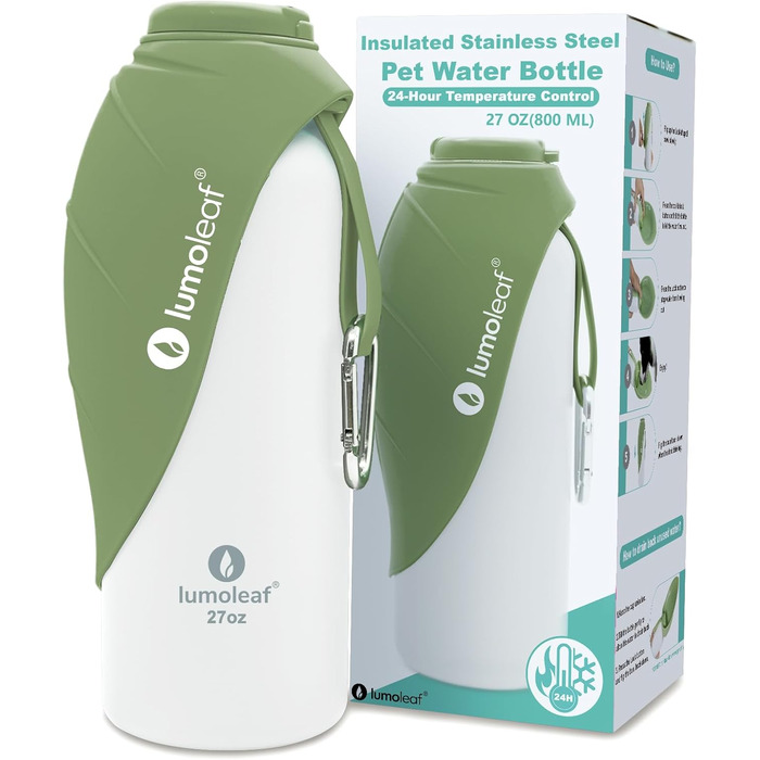 Термофляга для собак LumoLeaf з нержавіючої сталі, 800 мл, зелена - зберігає воду холодною/теплою, довговічна, портативна