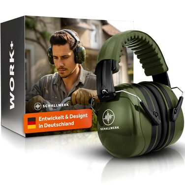 Schallwerk Work+ | Захист слуху для роботи – наголовники з регульованим розміром, високоякісні навушники для шумозаглушення – капелюхоподібні навушники для роботи та повсякденного використання (оливковий)