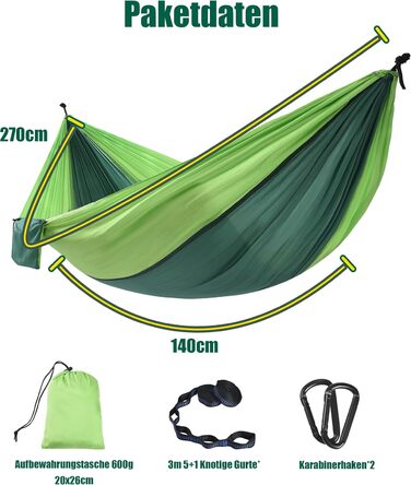 Гамак для кемпінгу Signstek, 270 x 140 см, вантажопідйомність 300 кг, ультралегкий нейлон, для відпочинку на природі, зелений