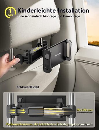 Тримач для планшету TRYONE в авто - кріплення на підголівник, висувний, для iPad, iPhone, Samsung Galaxy Tab, Kindle Fire HD, Switch, 4.7-11 дюймів, чорний