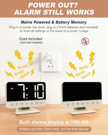 Цифровий будильник LED з RGB-підсвіткою та USB-портом, гучний сигнал 30-110 дБ для міцного сну, настільний годинник з функцією Snooze (Бежевий)