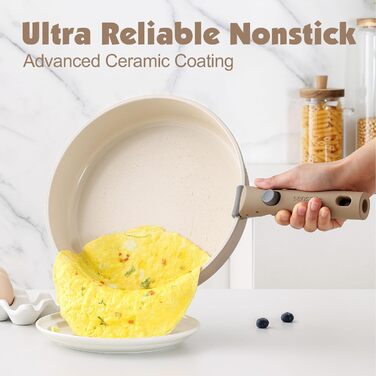 SENSARTE 17-Piece Ceramic Nonstick Cookware Set with Detachable Handle - Induction Compatible, Dishwasher Safe (Beige)