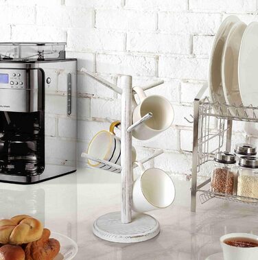 Dorho Cup Holder, Tree, Coffee Cup Holder with 6 Hooks, Wooden Cup Holder for Countertop, Coffee Bar Accessories and Organizer Station, White (Rustic White)