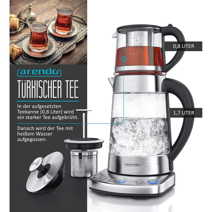 Arendo - Glass Water Kettle with Temperature Setting and Tea Strainer - Electric Kettle in Stainless Steel - Temperatures 70, 80, 90, 100 Degrees - 1.7 Liter - 2400 Watt - Keep Warm Function - BPA Free