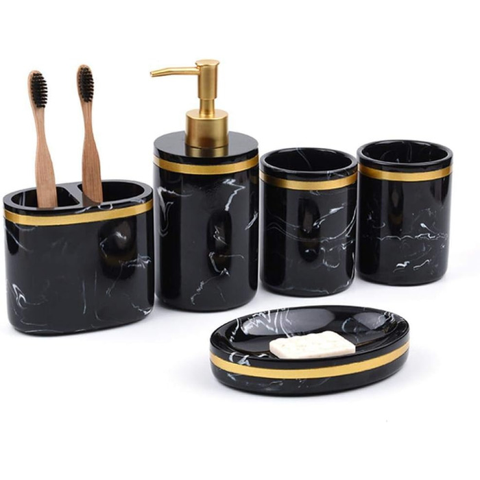 Набір аксесуарів для ванної кімнати, 5 шт., чорний, люкс, мармуровий малюнок, зубна щітка, дозатор мила, стакан, мильниця
