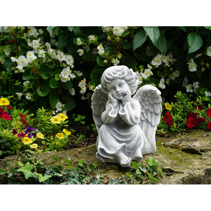 gartendekoparadies.de Angel Grave Angel, Stone Figure H. 21 cm, 4 kg, Grey, frost-proof made of cast stone for outdoor use