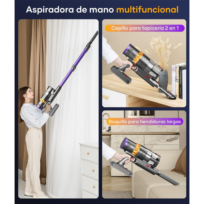 CHEBIO 45000Pa/550W/70Min Cordless Vacuum Cleaner, Battery-Powered Vacuum with Automatic Suction Setting, Vacuum with Anti-Tangle Brush & LED Display for Carpets, Hard Floors, and Pet Hair