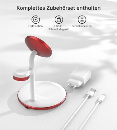 3-в-1 Бездротова Зарядка для Багатьох Пристроїв: iPhone, iWatch, AirPods, 15W, MagSafe, Колір: Маджента