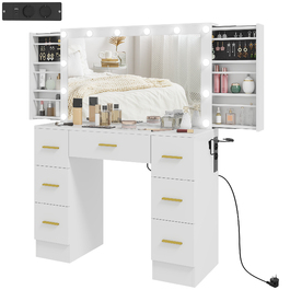HOMCOM Vanity Table with Mirror and 12 LED Lights - Dressing Table with 7 Drawers, 6 Hidden Storage Compartments, Particleboard, White