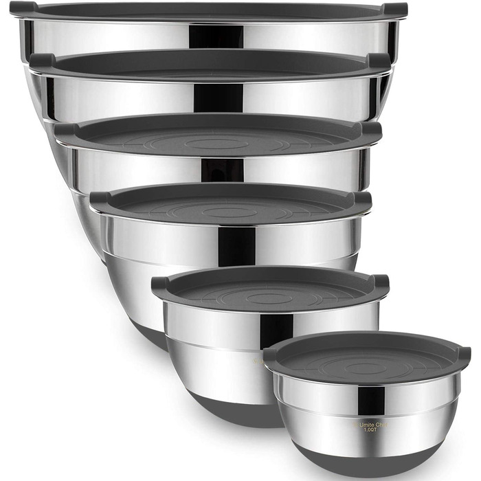 Mixing bowls with airtight lids, set of 6, stainless steel, stackable metal storage bowls, non-slip bottom, sizes 7, 3.5, and 1 QT, ideal for mixing and serving (gray)