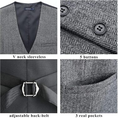 HISDERN Жилет чоловічий в клітинку Herringbone, весільний, формальний, твідовий, вовняний, класичний, базовий, сірий