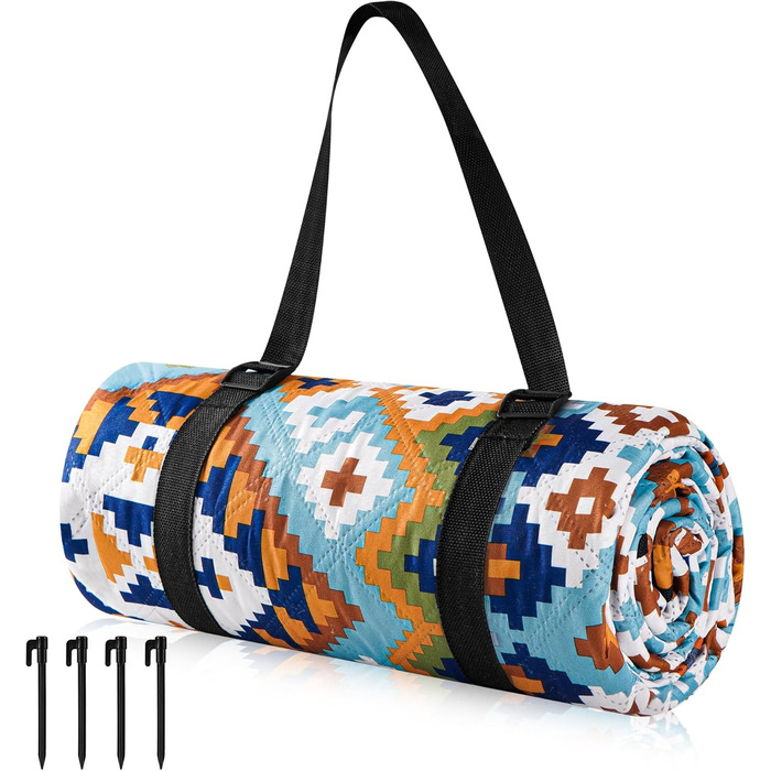 Плед для пікніка Boho 200x200 см, водонепроникний, антипісочний, з ручкою та кілочками, XL килимок для кемпінгу, пляжу, парку, прогулянок в стилі бохо