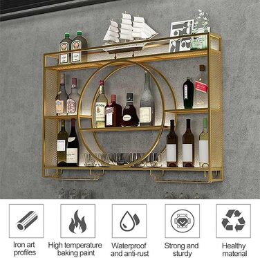 Металева вітрина для вина на стіну, кругла, 140x15x80 см, золото. Підійде для бару, ресторану, дому. Багатофункціональна полиця для зберігання.