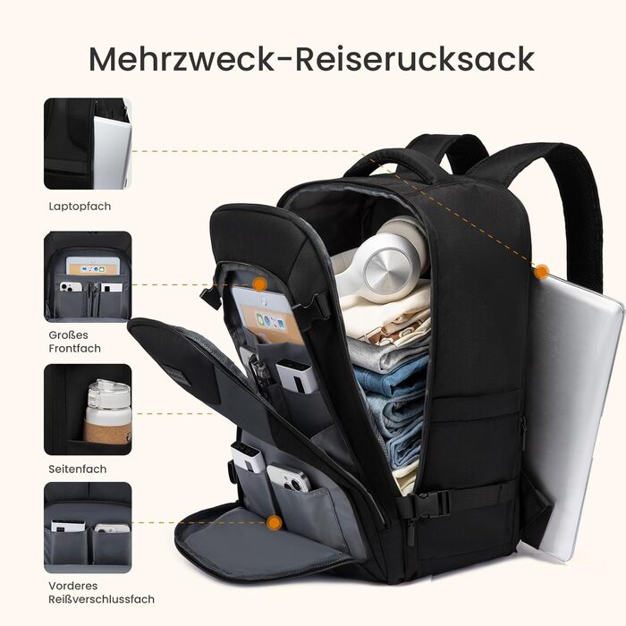 LOVEVOOK Рюкзак для ручної поклажі, великий, розширюваний, туристичний, чоловічий, для ноутбука 17 дюймів, 50L, чорно-сірий