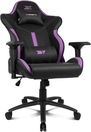 Професійне ігрове крісло DRIFT GAMING DR350 ергономічне, з 4D-підлокітниками, подушками під поперек та шию, нахил 135°, безшумні колеса, чорно-фіолетове