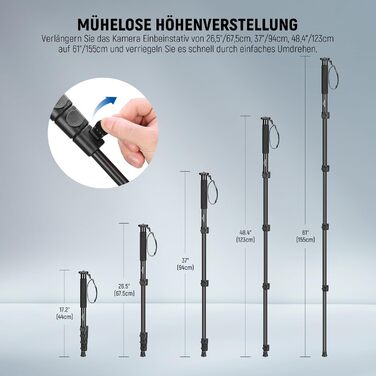 NEEWER Монопод 155 см для камери: легкий, портативний, з адаптерами 1/4' та 3/8' для DSLR, відеокамер, вантажопідйомність 8 кг