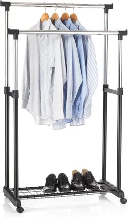 IDIMEX Wardrobe Trolley Grosso Clothes Rack Rolling Wardrobe Clothes Rack, with Shoe Storage, 2 Clothes Rails, Height Adjustable, Chrome-Plated Metal Pipe, in White (Black)