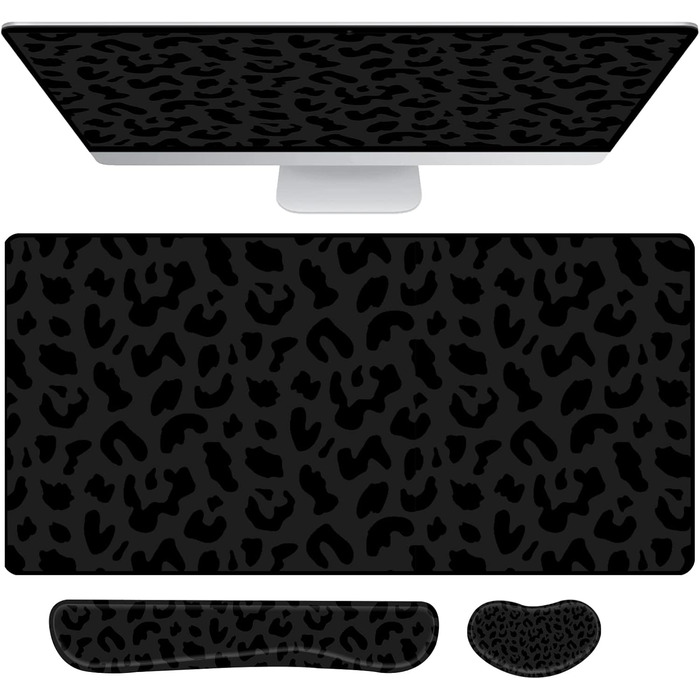 Килимок для миші 3-в-1 з підставкою для зап'ястя та клавіатури, 80x40 см, антиковзаюча основа, чорний леопардовий принт, для геймерів, дому та офісу