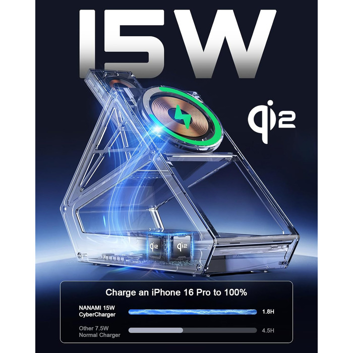 Зарядний пристрій NANAMI 3-в-1 MagSafe: для iPhone 17, 15, 14, 13, 12, Apple Watch, AirPods. Чорний, 15W, Qi2, MagSafe