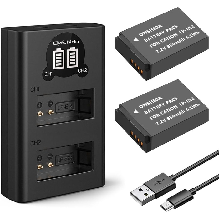 Акумулятор для камери Onshida LP-E12, 2 шт. 850mAh, зарядний пристрій, комплект для Canon EOS M, M2, M10, M100, 100D, Rebel SL1, KISS X7, M50