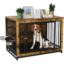 Дерев'яний вольєр для собак, 93x64x58 см, з піддоном та мисками, для собак середніх та маленьких порід (до 40 кг), білий (колір дерева)