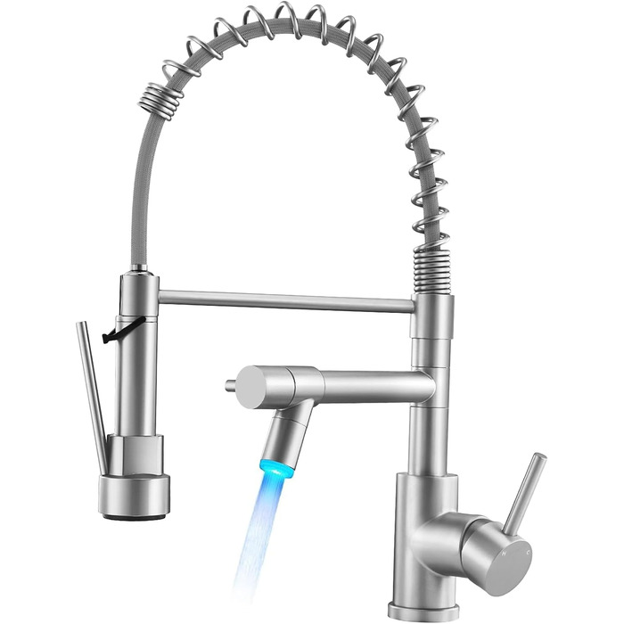 Сучасна кухонна змішувач Warmiehomy з LED-підсвічуванням, поворотний на 360°, з двома виливами, високий вигин, спіральна пружина, для мийки, з нержавіючої сталі, брашований нікель