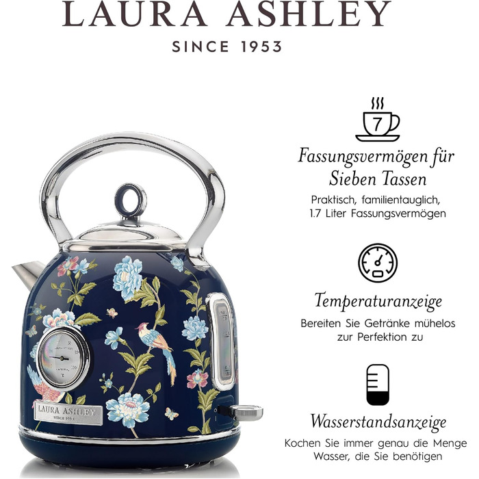 Laura Ashley Elveden Stainless Steel Cordless Electric Kettle - 1.7L, 2.2kW, with Temperature Display & Overheat Protection