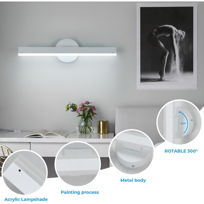 LED дзеркальна лампа Riserva 12W для ванної кімнати, поворотна 300°, чорна, 3000K/6500K
