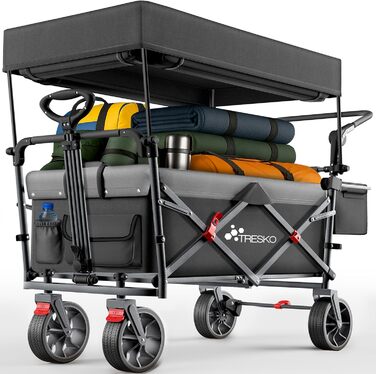 Трьохколісний візок TRESKO® з дахом, кишенькою-холодильником та боковими шторками | Вантажопідйомність до 150 кг | Візок з гумовими колесами та гальмами (передні та задні) та 3-точкова система фіксації (Зелений) (Чорний)