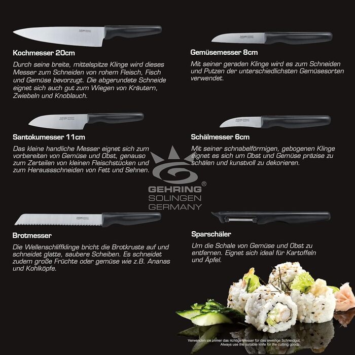 Набір кухонних ножів GEHRING SOLINGEN WAVE 6 предметів - Німецька сталь, нержавіюча, льодова загартована, гострі ножі в блоці